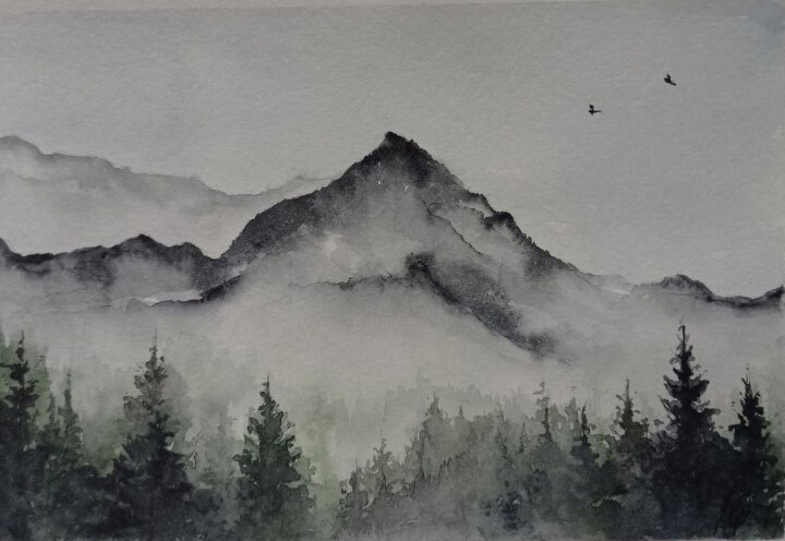 Картина под названием "Mountain mists 2" - Juliaresha, Подлинное произведение искусства, Акварель