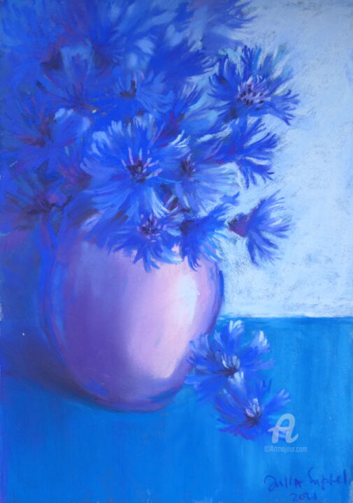 제목이 "Cornflowers"인 그림 Julia Suptel로, 원작, 파스텔