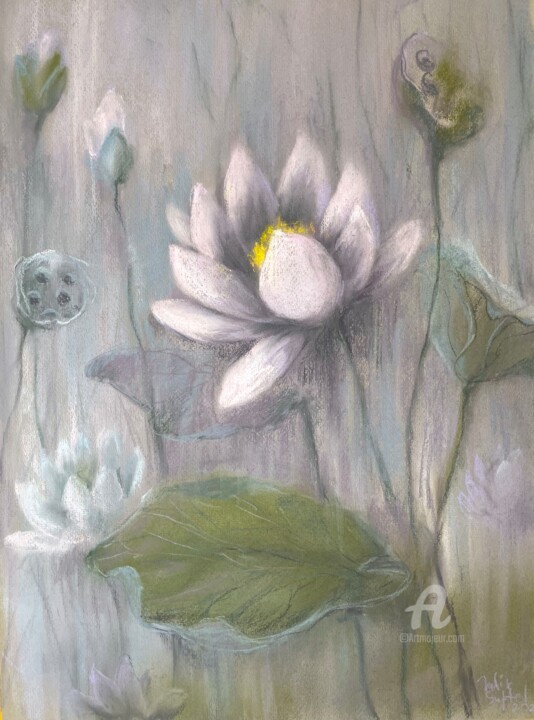 Zeichnungen mit dem Titel "Misty lotus lake" von Julia Suptel, Original-Kunstwerk, Pastell