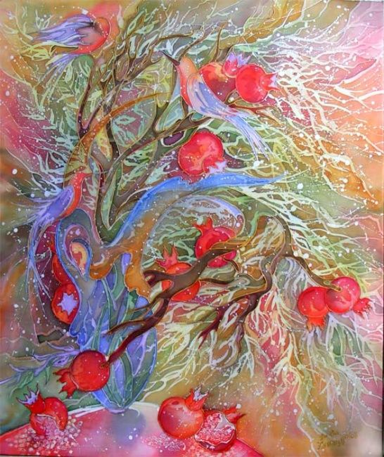 Artesanato intitulada "Pomegranates and bi…" por Julia Zisman, Obras de arte originais