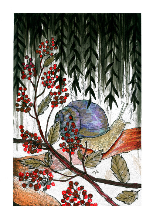 Rysunek zatytułowany „Winter's snail” autorstwa Julie Bellarosa, Oryginalna praca, Atrament