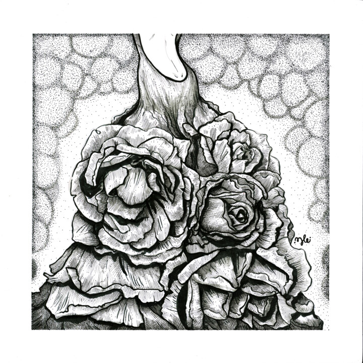 Dessin intitulée "Robe de Roses" par Julie Bellarosa, Œuvre d'art originale, Encre Monté sur Panneau de bois