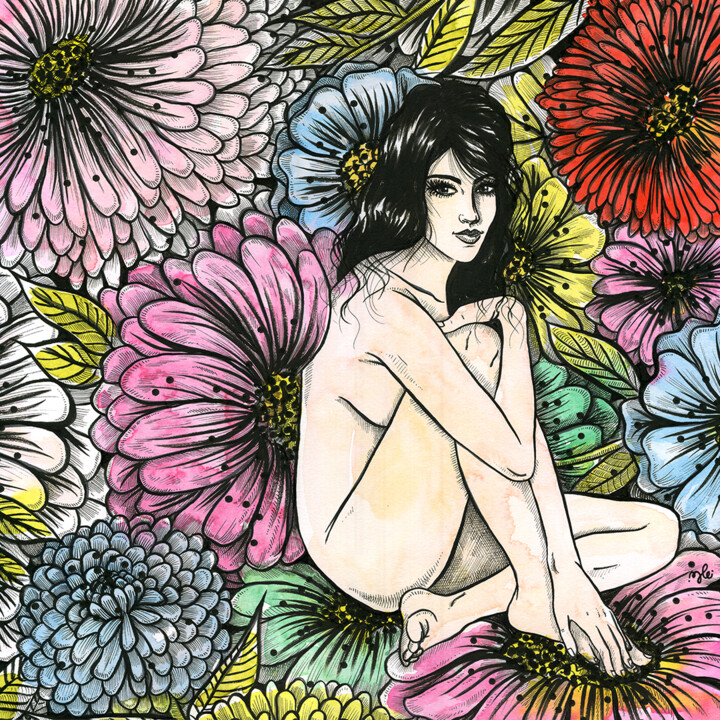 Drawing titled "Femme Fleurs" by Julie Bellarosa, Original Artwork, Pigments Mounted on Wood Panel