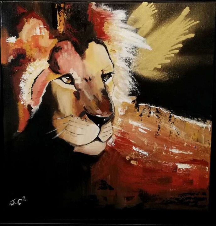 Painting titled "Lion flamboyant" by Julie Coudret Carrasco, Original Artwork, Oil Mounted on Wood Stretcher frame