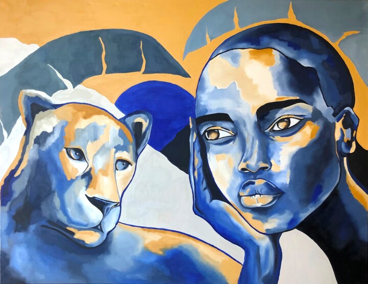 Painting titled "FELINE BLUES" by Julie Coudret Carrasco, Original Artwork, Oil Mounted on Wood Stretcher frame