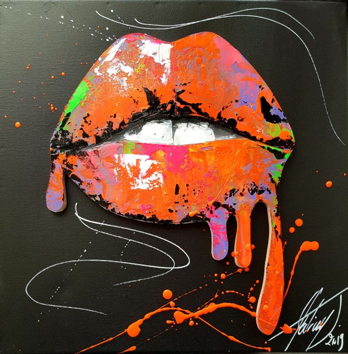 Картина под названием "Wall sculpture lips…" - Julie Galiay, Подлинное произведение искусства, Акрил Установлен на Деревянна…