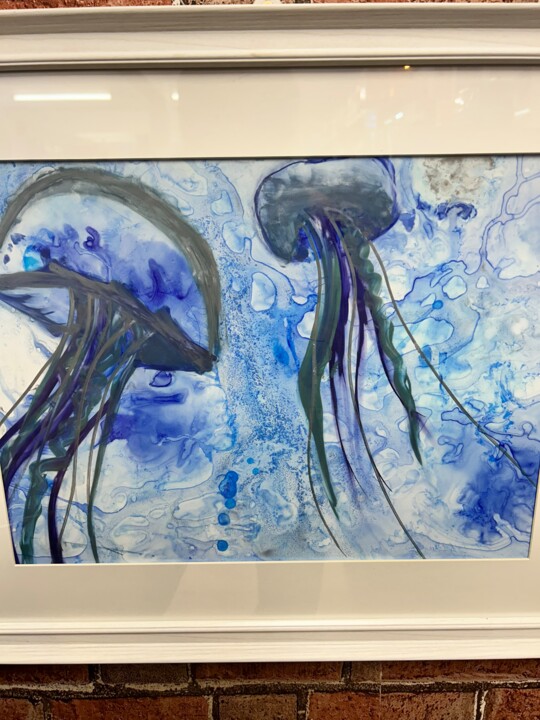 「Jellyfish」というタイトルの絵画 Julie Ogormanによって, オリジナルのアートワーク, インク ウッドパネルにマウント