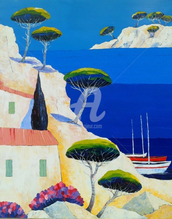 Painting titled "" Méditerranée les…" by Julie Pioch, Original Artwork, Oil