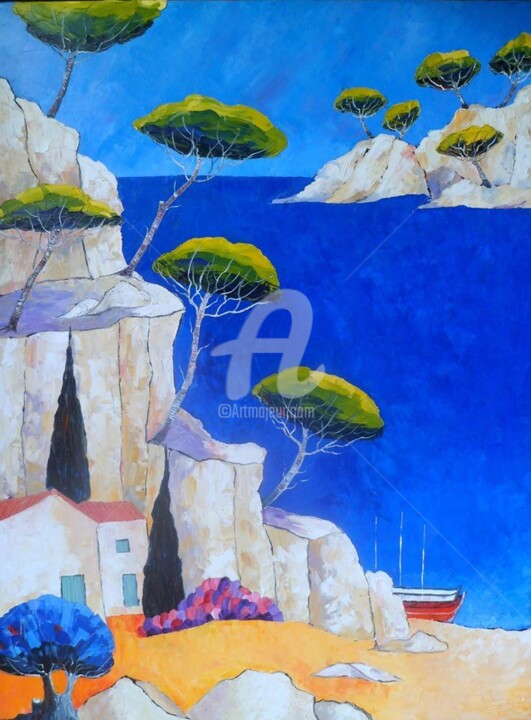 Painting titled "Calanques bleus" by Julie Pioch, Original Artwork, Oil