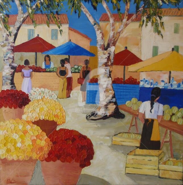 Painting titled "Samedi en Provence" by Julie Pioch, Original Artwork, Oil