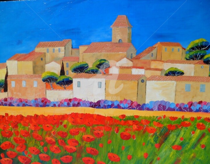 Painting titled "Mon  Village En Mai" by Julie Pioch, Original Artwork, Oil