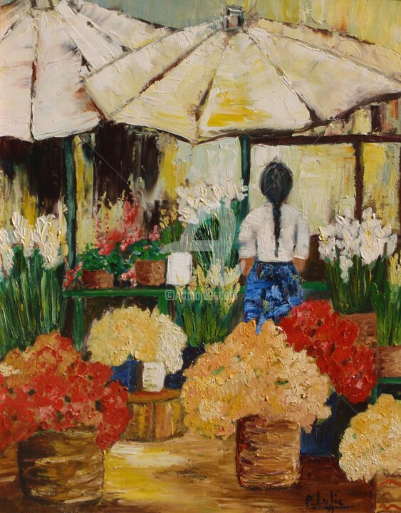 Painting titled ""  Les  parasols "" by Julie Pioch, Original Artwork, Oil