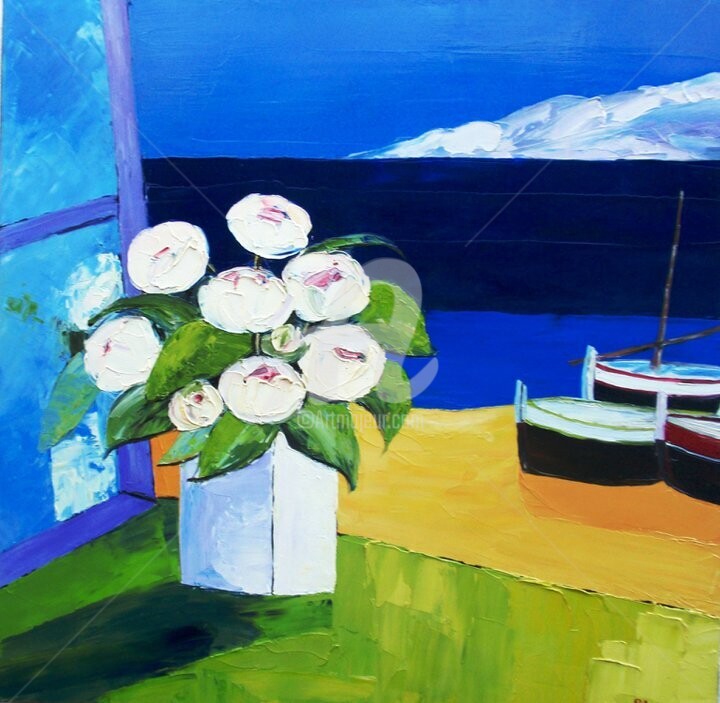 Painting titled "" Les Pivoines Blan…" by Julie Pioch, Original Artwork, Oil