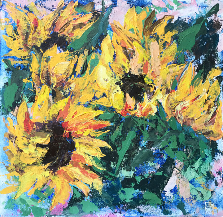 Painting titled "Sunflowers" by Julie Stepanova, Original Artwork, Acrylic Mounted on Cardboard