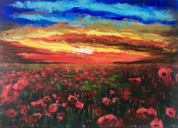 Painting titled "Poppy field" by Julie Stepanova, Original Artwork, Acrylic Mounted on Wood Stretcher frame