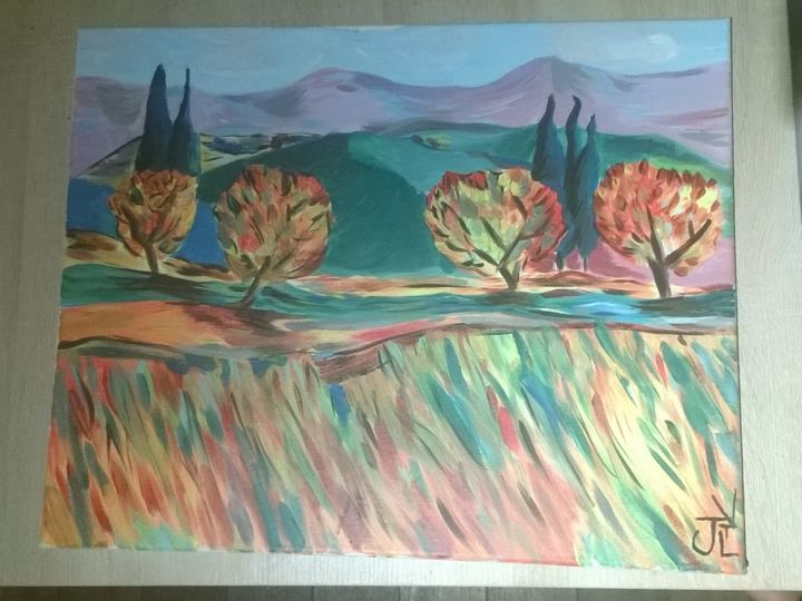 Painting titled "Vue sur Montagnes" by Julie Van Het Land, Original Artwork, Acrylic