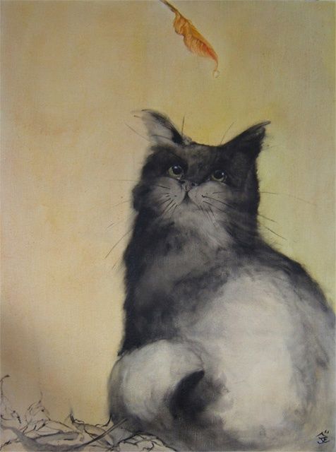 Painting titled "Chat en automne" by Julie Ellama Clerc, Original Artwork, Oil