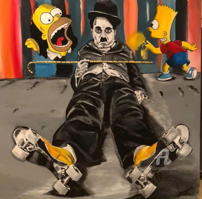 Painting titled "Chaplin and Simpson" by Julien Antoine (YOZ), Original Artwork, Acrylic Mounted on Wood Stretcher frame