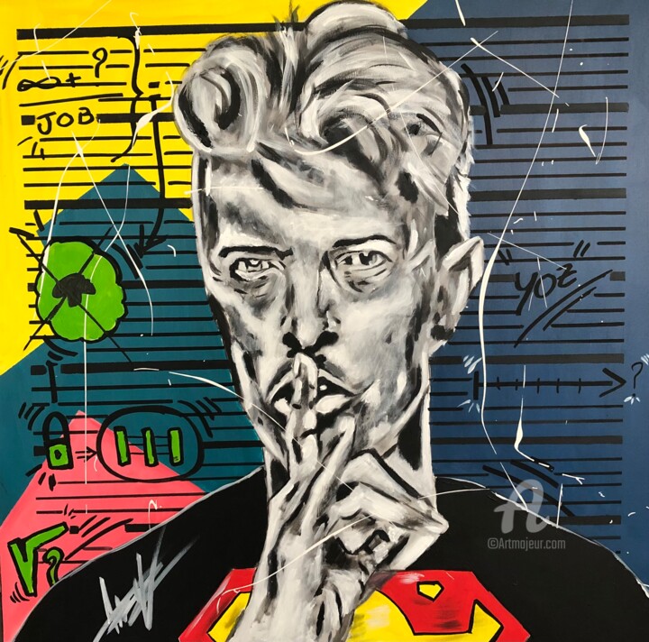 Schilderij getiteld "Super Bowie #3" door Julien Antoine (YOZ), Origineel Kunstwerk, Acryl Gemonteerd op Frame voor houten b…