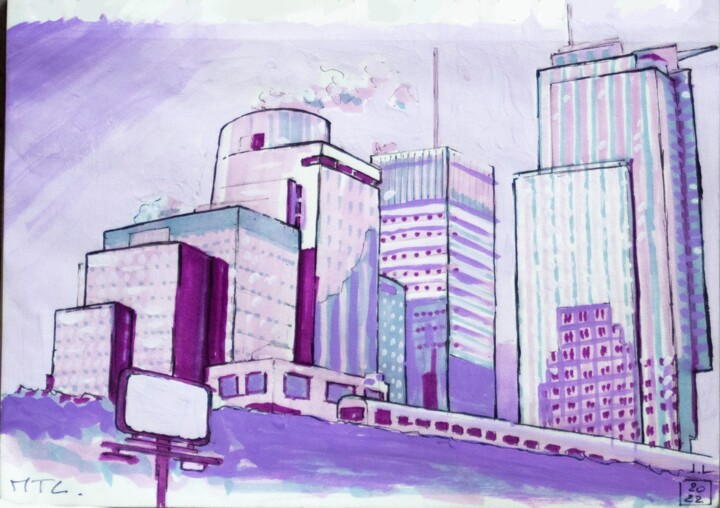 Painting titled "Downtown Purple Mon…" by Julien Lemaire, Original Artwork, Gouache