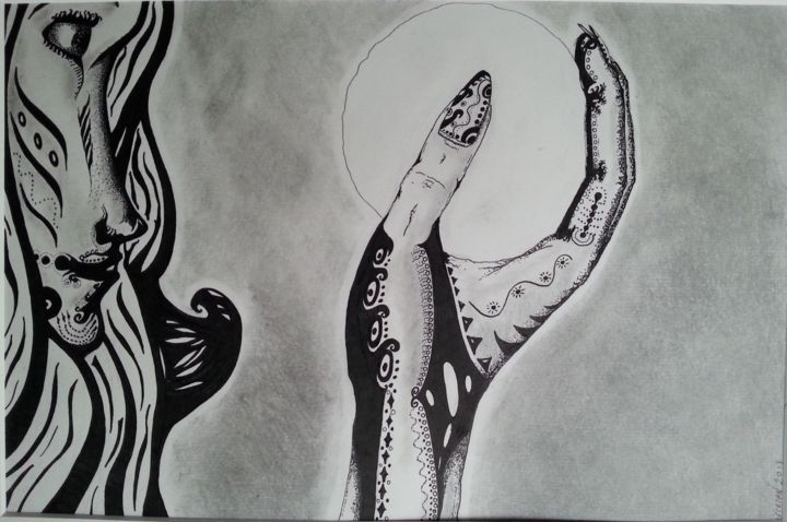 Dessin intitulée "La boule magique" par Abelacan, Œuvre d'art originale, Encre
