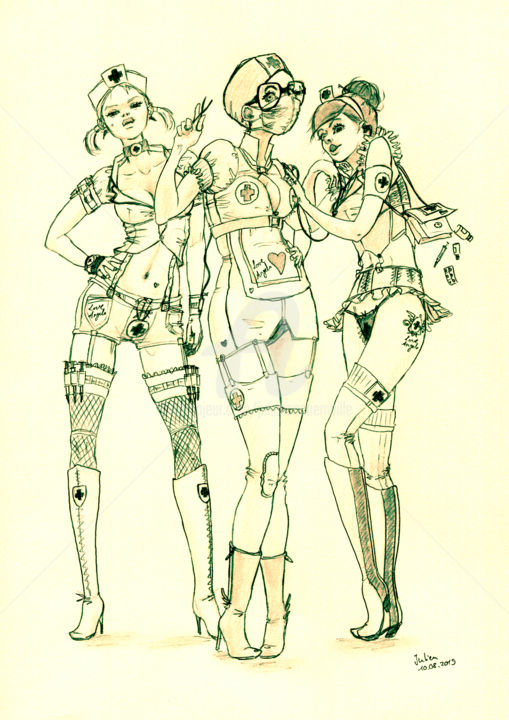 Dessin intitulée "Trois infirmières c…" par Julien Cachemaille, Œuvre d'art originale, Crayon