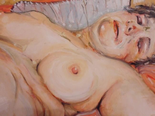 Schilderij getiteld "Femme dans le lit" door Julien De Wilhems, Origineel Kunstwerk, Olie
