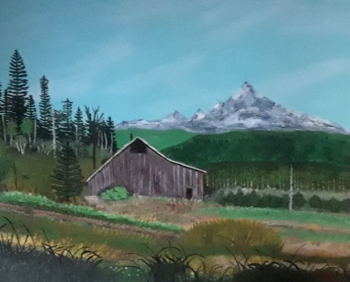 Painting titled "Mountain Barn" by Julie Reid, Original Art, Acrylic