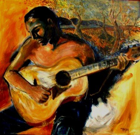 Painting titled "Guitarist" by Juliet Grey, Original Artwork, Oil
