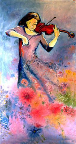 Картина под названием "La Musique des fleu…" - Juliet Grey, Подлинное произведение искусства, Масло