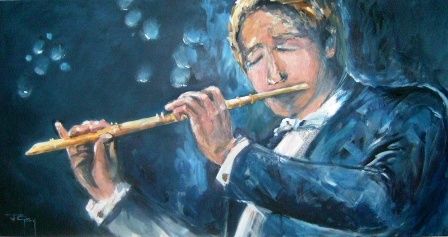 Peinture intitulée "Flute player" par Juliet Grey, Œuvre d'art originale