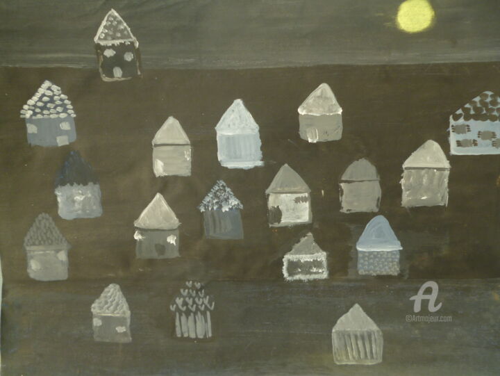 Malerei mit dem Titel "Village de nuit" von Juliette Jouanny, Original-Kunstwerk