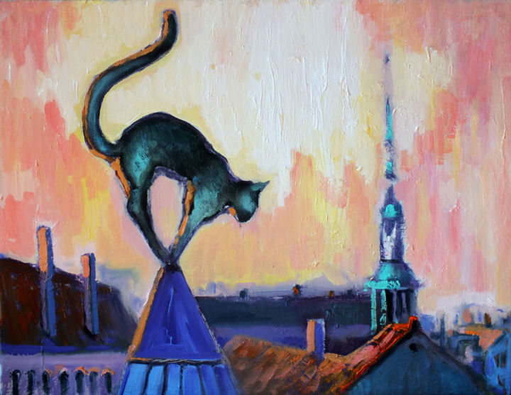 Картина под названием "The roofs of Old Ri…" - Julija Demenkova, Подлинное произведение искусства, Масло