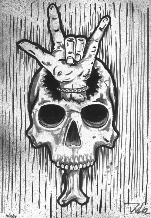 Drawing titled "Rock Skull" by Julio Cesar, Original Artwork, Ink