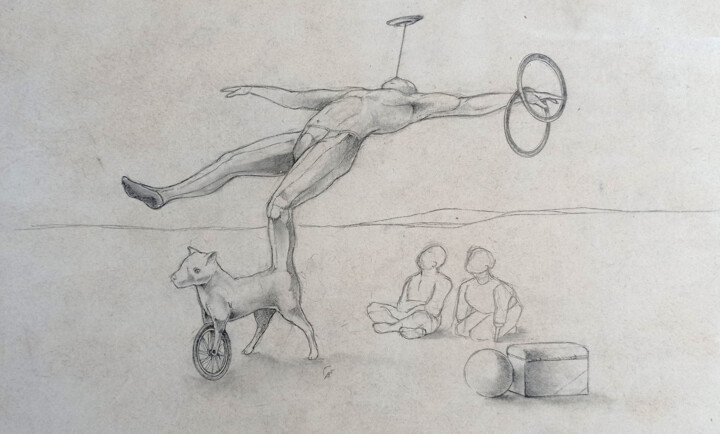 Drawing titled "Tarde de circo" by Julio Cesar Garcia Garnateo, Original Artwork, Pencil
