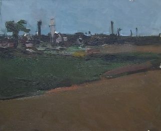 Malerei mit dem Titel "Landscape of village" von Julius Jokubonis, Original-Kunstwerk