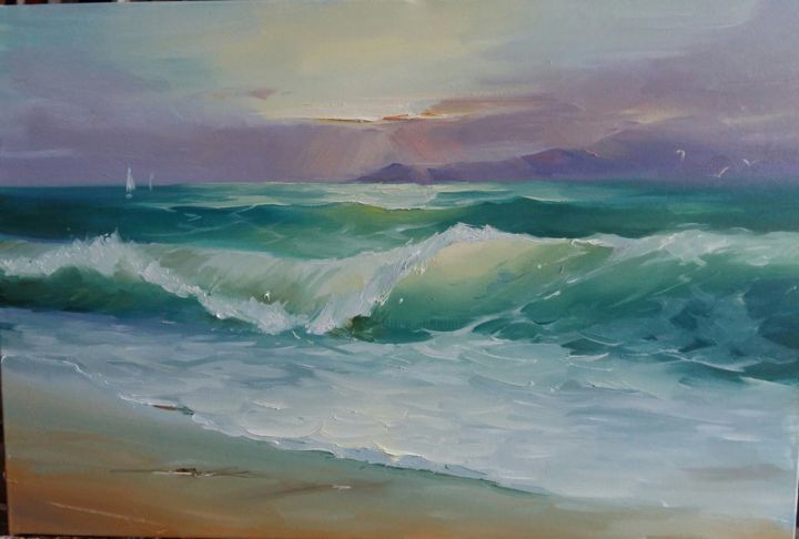 Painting titled "Picture "Sea" nice…" by Julia Antsis, Original Artwork, Oil