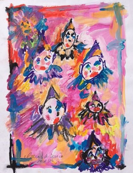 Schilderij getiteld ""Petits clowns N°1"" door July Singer, Origineel Kunstwerk, Acryl