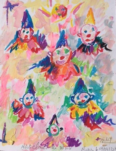 Schilderij getiteld ""Petits Clowns"4" door July Singer, Origineel Kunstwerk, Acryl