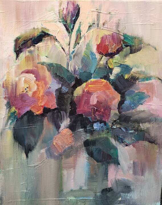 Painting titled "Roses" by Julya Dyachenko, Original Artwork, Oil Mounted on Wood Stretcher frame