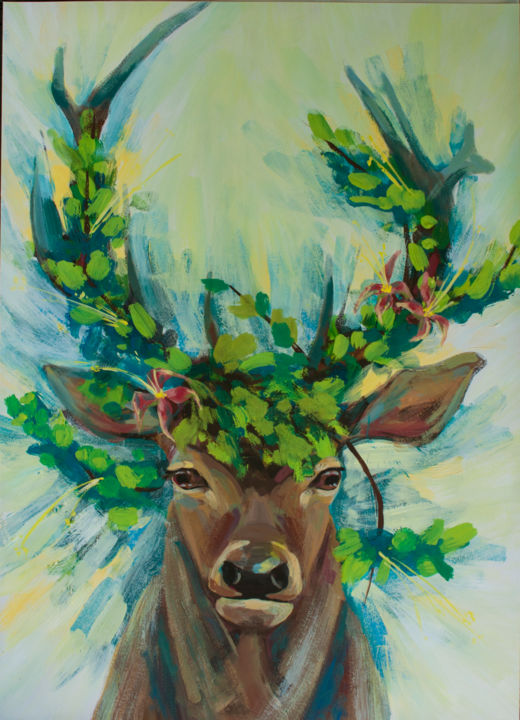 Painting titled "deer" by Julynaym, Original Artwork, Gouache