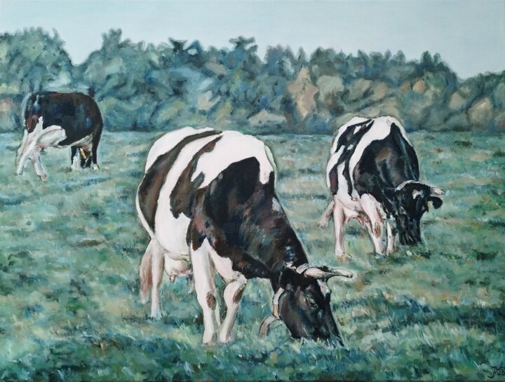 Painting titled "Three Cows" by Jura Kuba, Original Artwork, Oil Mounted on Wood Stretcher frame