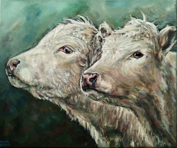 Peinture intitulée "Portrait of Two Cows" par Jura Kuba, Œuvre d'art originale, Huile Monté sur Châssis en bois