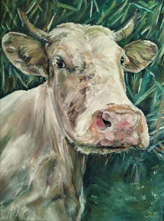 Painting titled "Cow's Portrait" by Jura Kuba, Original Artwork, Oil Mounted on Wood Stretcher frame