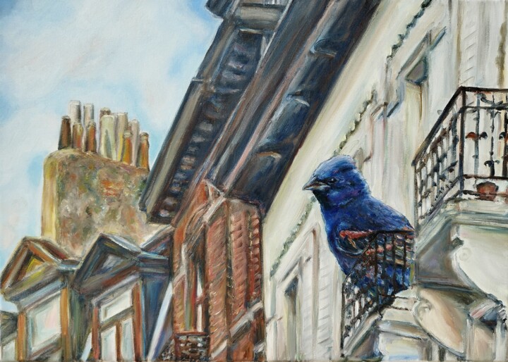 Painting titled "Blue Bird In Brusse…" by Jura Kuba, Original Artwork, Oil Mounted on Wood Stretcher frame