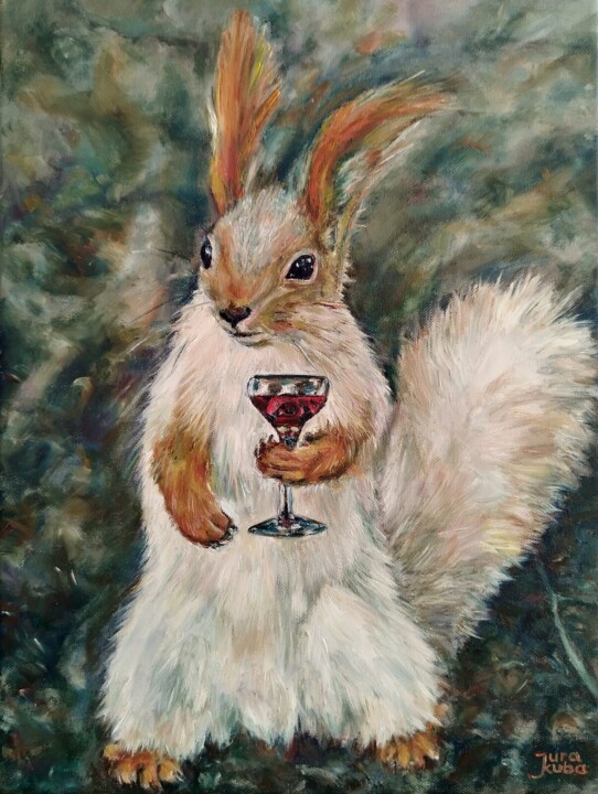 Painting titled "Squirrel With a Gla…" by Jura Kuba, Original Artwork, Oil Mounted on Wood Stretcher frame