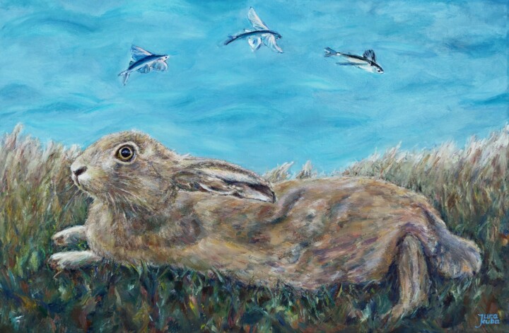 Painting titled "Hare At The Sea And…" by Jura Kuba, Original Artwork, Oil Mounted on Wood Stretcher frame