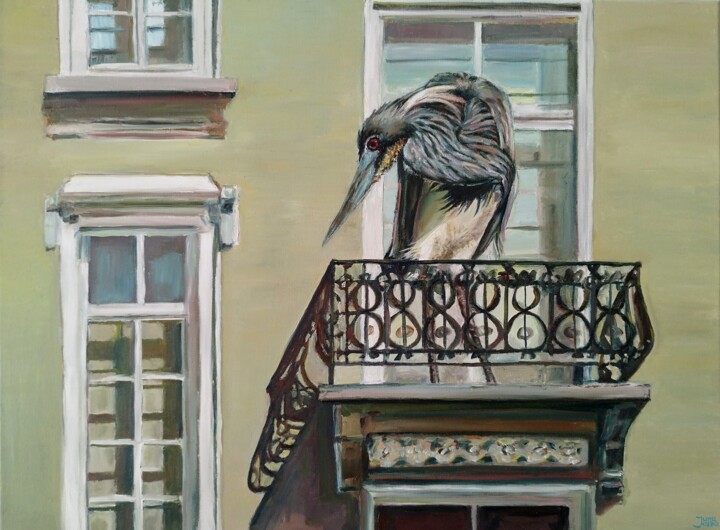 Painting titled "Blue Heron 'Fishing…" by Jura Kuba, Original Artwork, Oil Mounted on Wood Stretcher frame