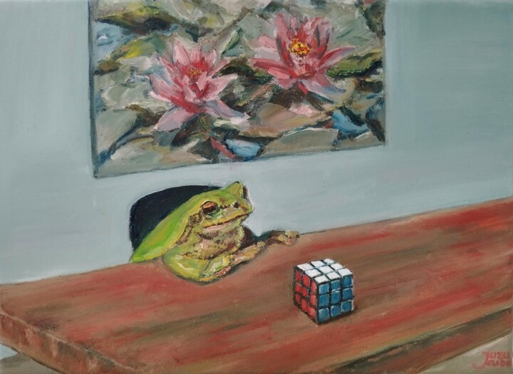 Ζωγραφική με τίτλο "Frog At The Table,…" από Jura Kuba, Αυθεντικά έργα τέχνης, Λάδι Τοποθετήθηκε στο Ξύλινο φορείο σκελετό