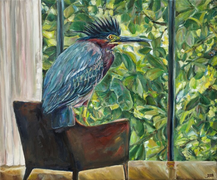 Painting titled "Green Heron At Home…" by Jura Kuba, Original Artwork, Oil Mounted on Wood Stretcher frame